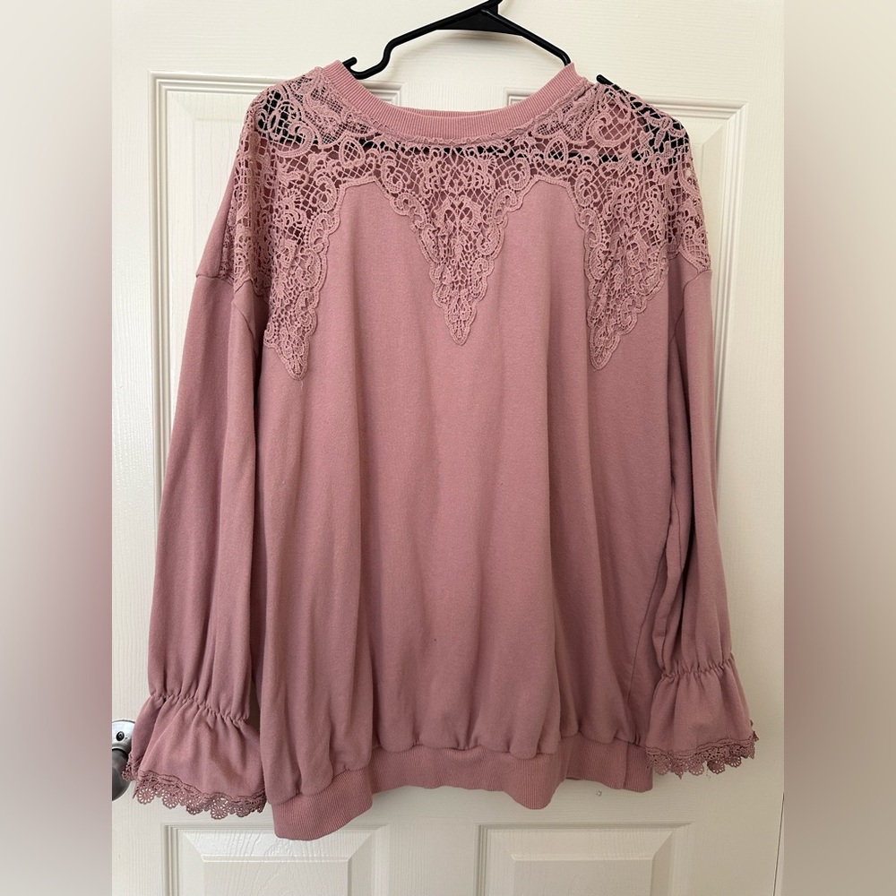 Easel Large Pink Women’s Sweatshirt With Lace Detail, Bell Sleeve